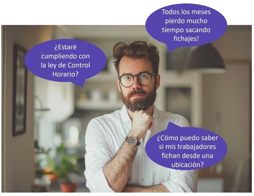 Empleado preocupado por cumplir con la ley de control horario, gestionando fichajes y verificando la ubicación de los trabajadores
